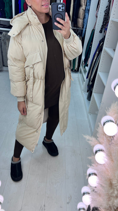 Renola Beige Padded Pocket Detailed Longline Hooded Coat