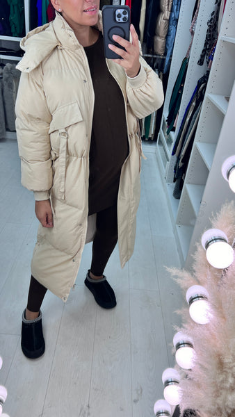 Renola Beige Padded Pocket Detailed Longline Hooded Coat