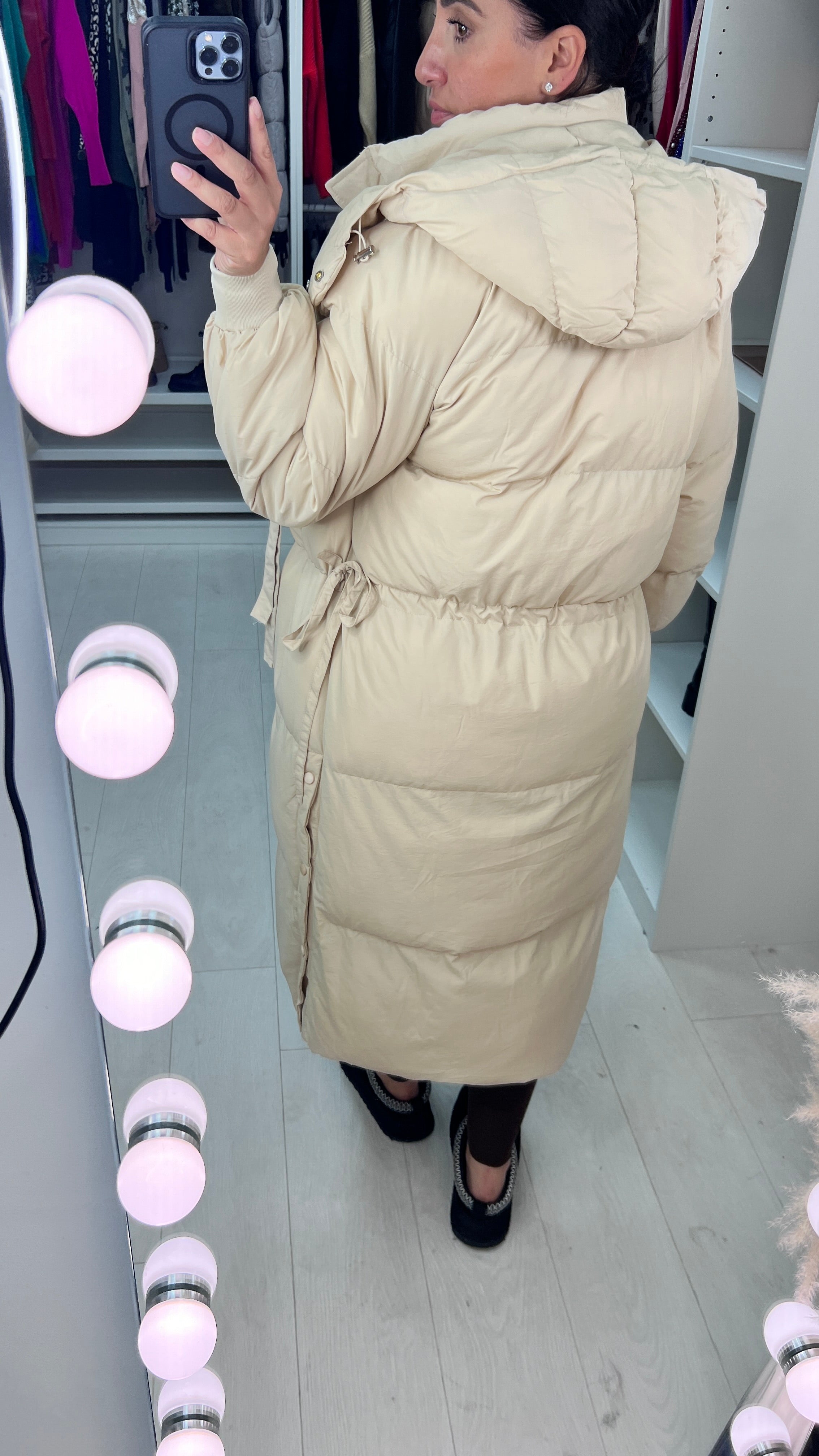 Renola Beige Padded Pocket Detailed Longline Hooded Coat