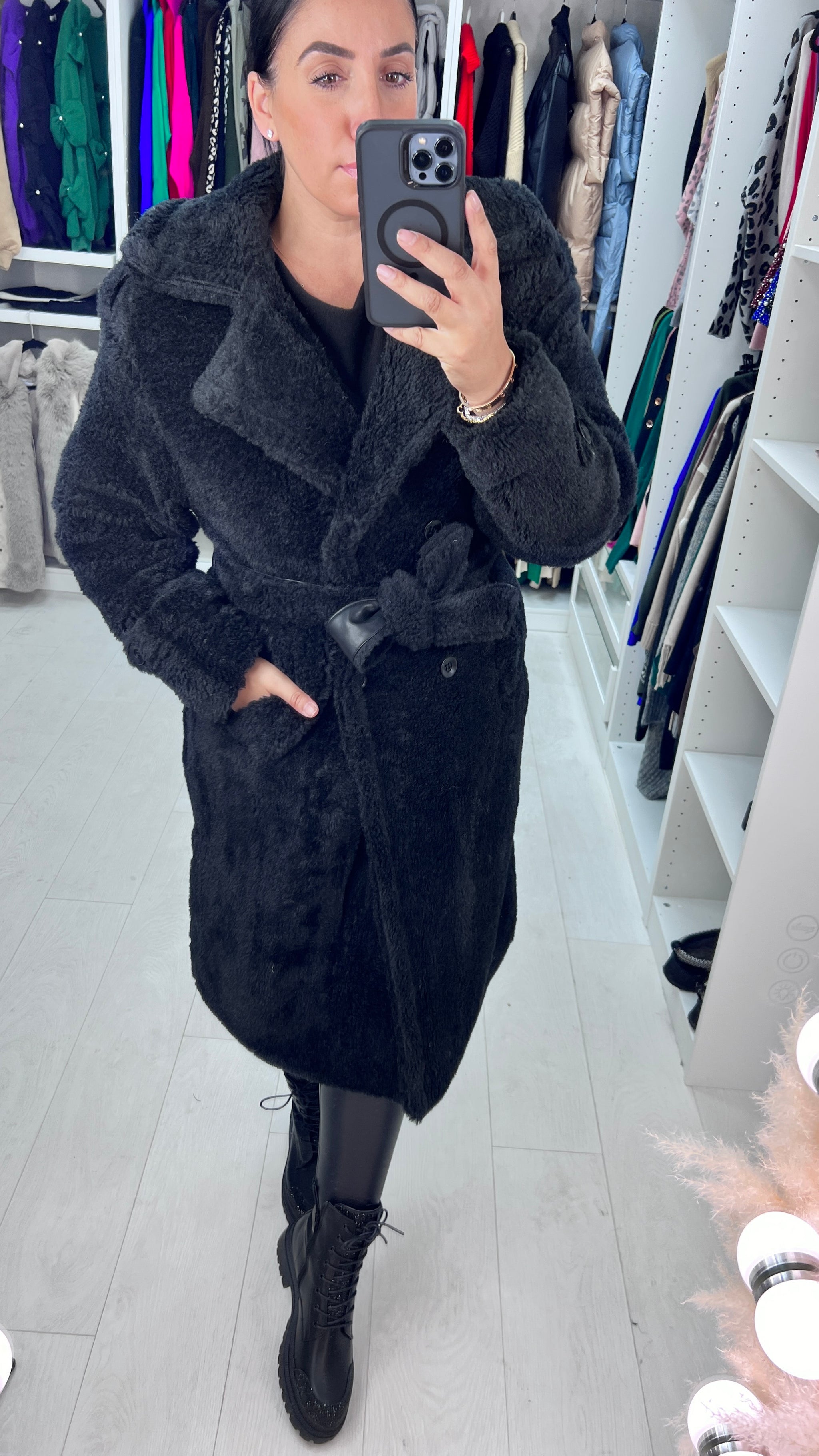 Black long teddy bear coat best sale