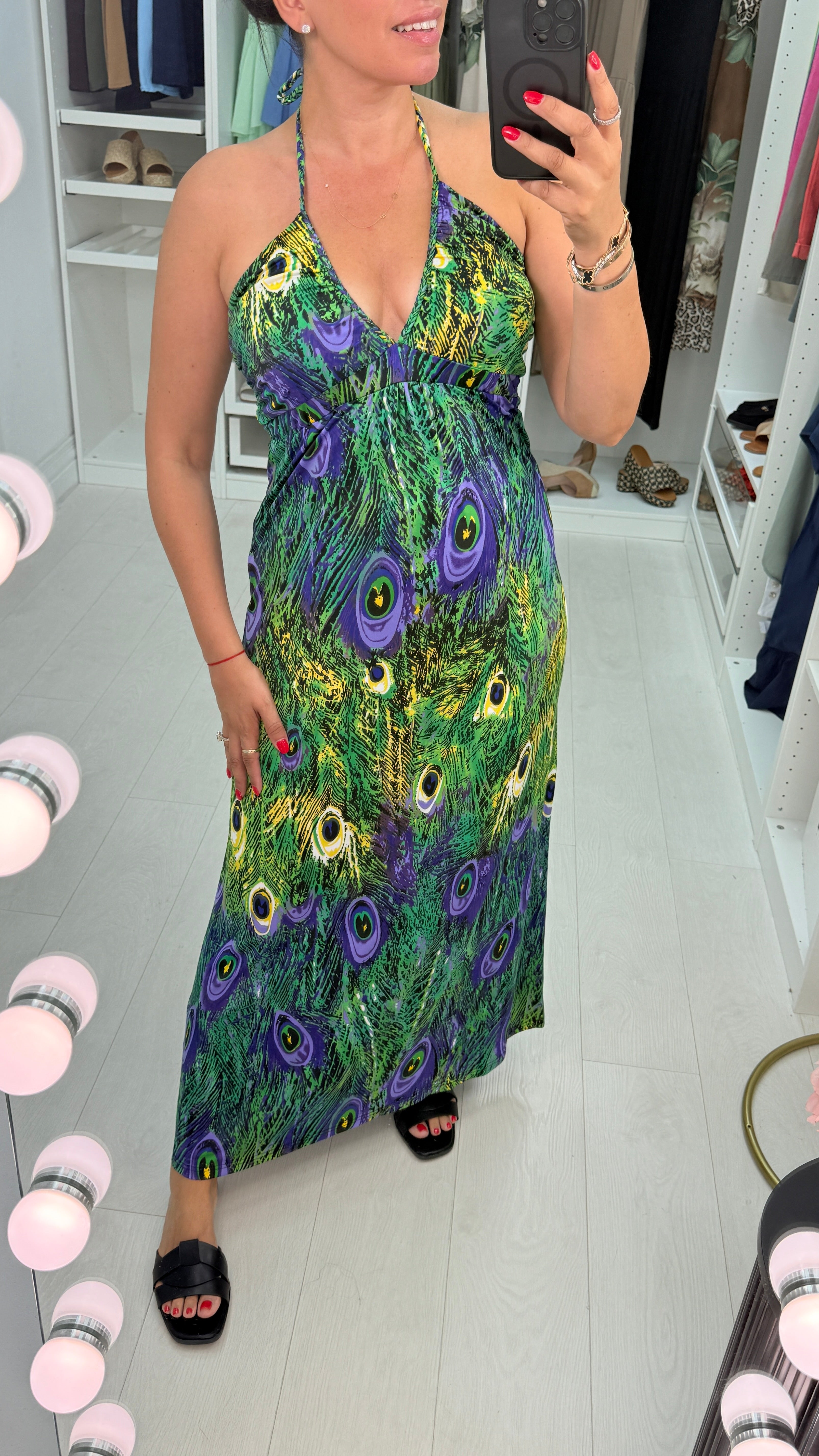 Lucenzo Peacock Print Halter Neck Maxi Dress