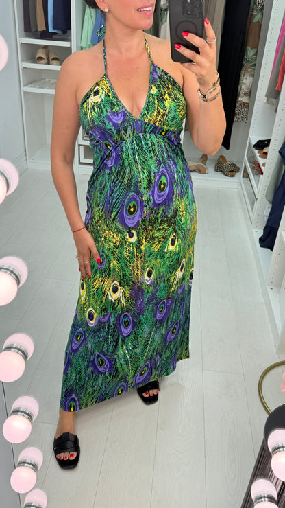 Lucenzo Peacock Print Halter Neck Maxi Dress