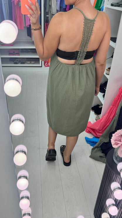 Adaline Plain Cheesecloth Crochet Trim Detail Dress