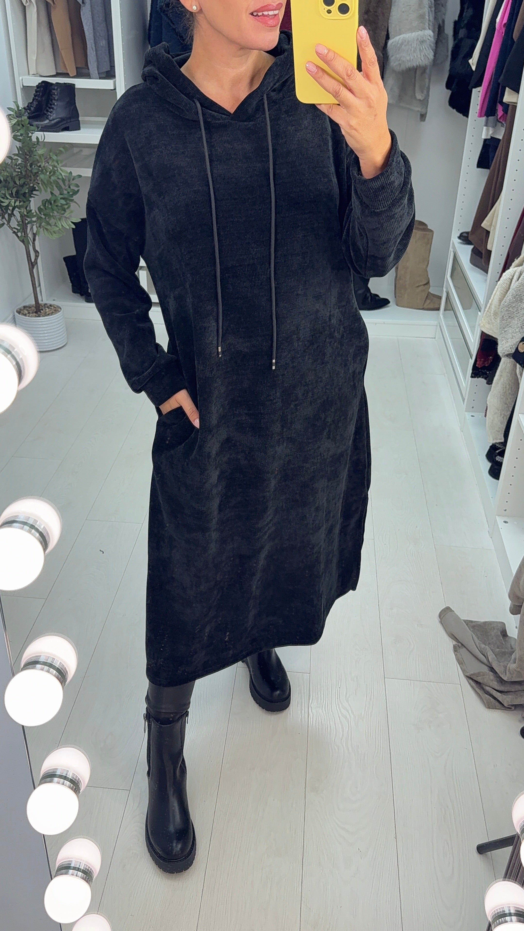 Audrie Plain Corduroy Hooded Dress