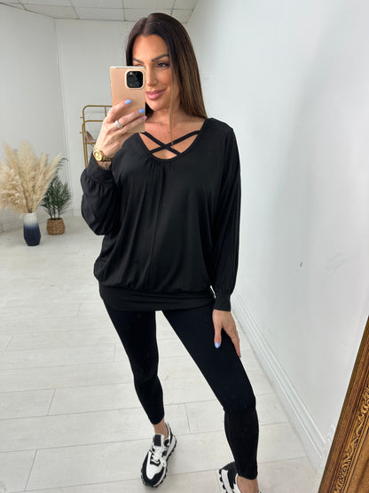 Scarlotte Plain Loose Fit Cross Detail Plain Basic Top