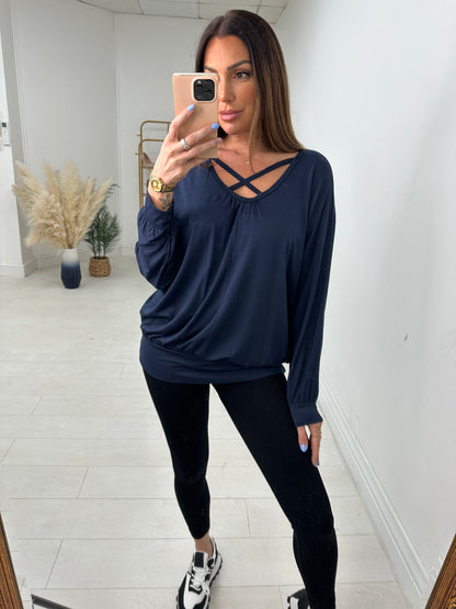 Scarlotte Plain Loose Fit Cross Detail Plain Basic Top