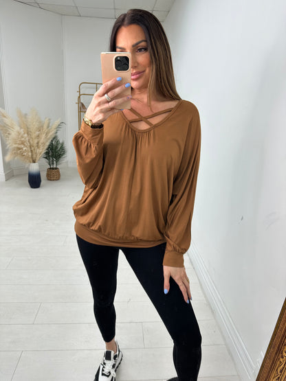 Scarlotte Plain Loose Fit Cross Detail Plain Basic Top