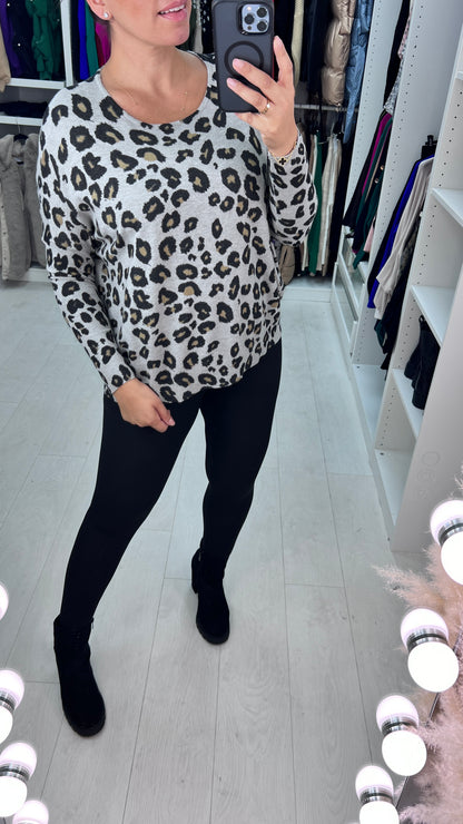 Jenice Oversized Grey Leopard Print Knitted Jumper