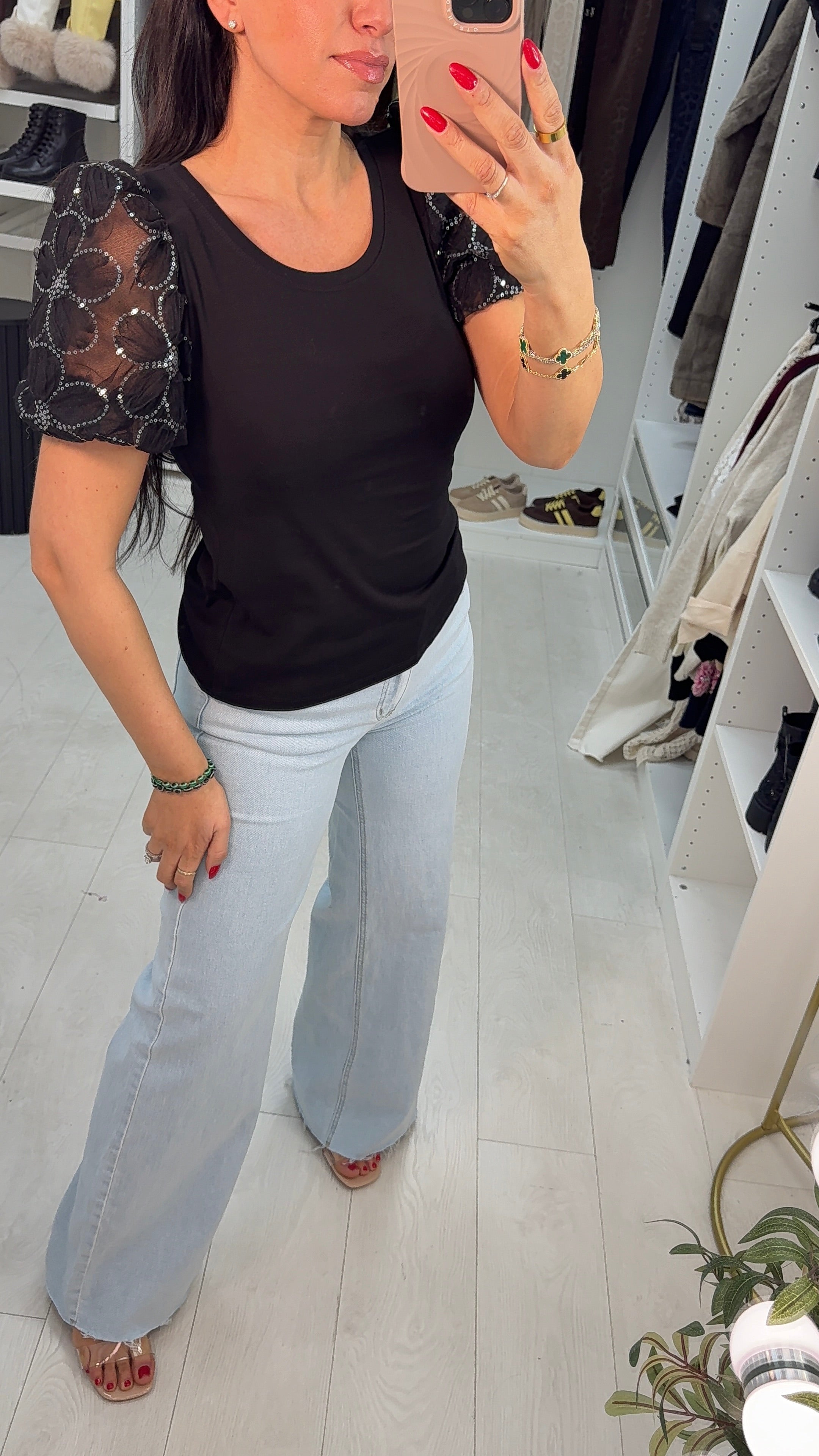 Mallorie Sequin Embellished Ballon Sleeve Top