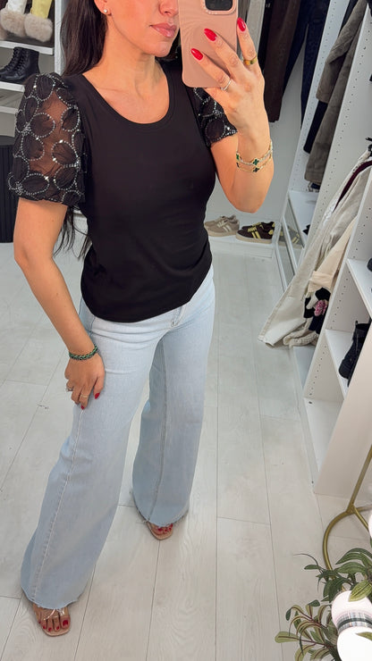 Mallorie Sequin Embellished Ballon Sleeve Top