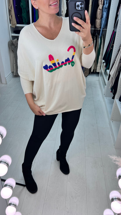 Zina Cream Colourful Smile Slogan Jumper