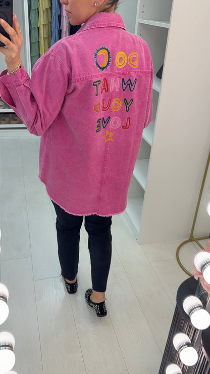 Leslie 'DO WHAT YOU LOVE' Slogan Distressed Denim Shirt