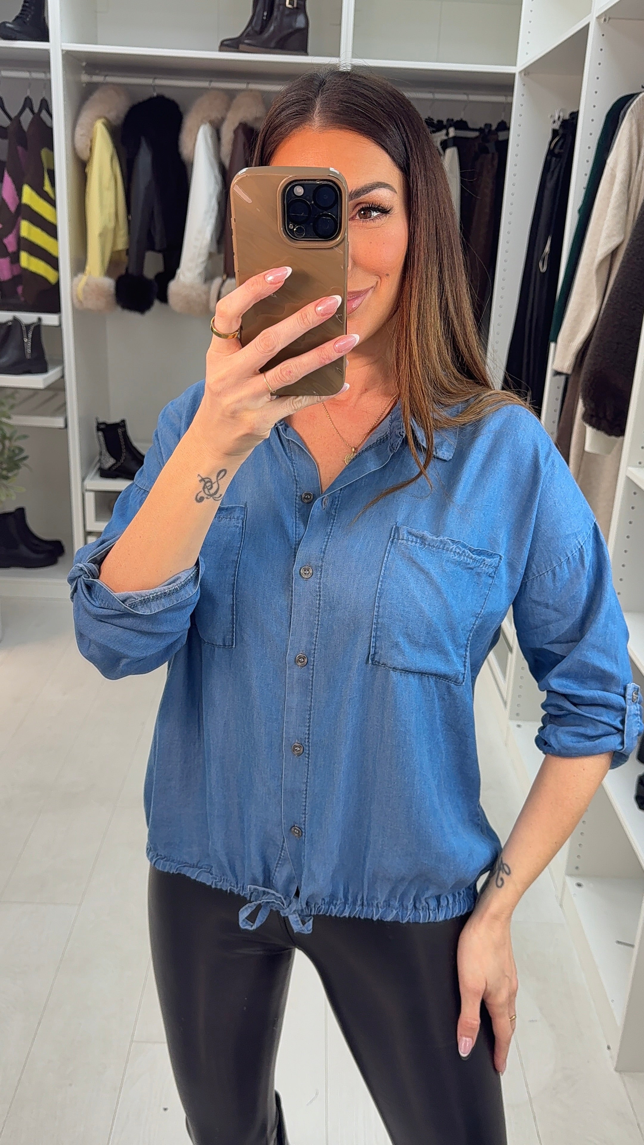 Kandy Rouched Tie Hem Denim Pocket Shirt