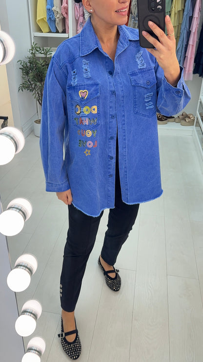 Leslie 'DO WHAT YOU LOVE' Slogan Distressed Denim Shirt