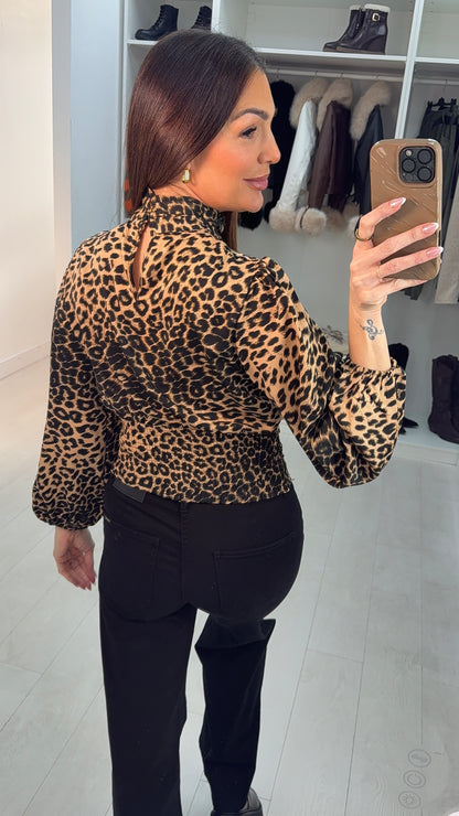 Megan Cheetah Print Elasticated High Neck Top