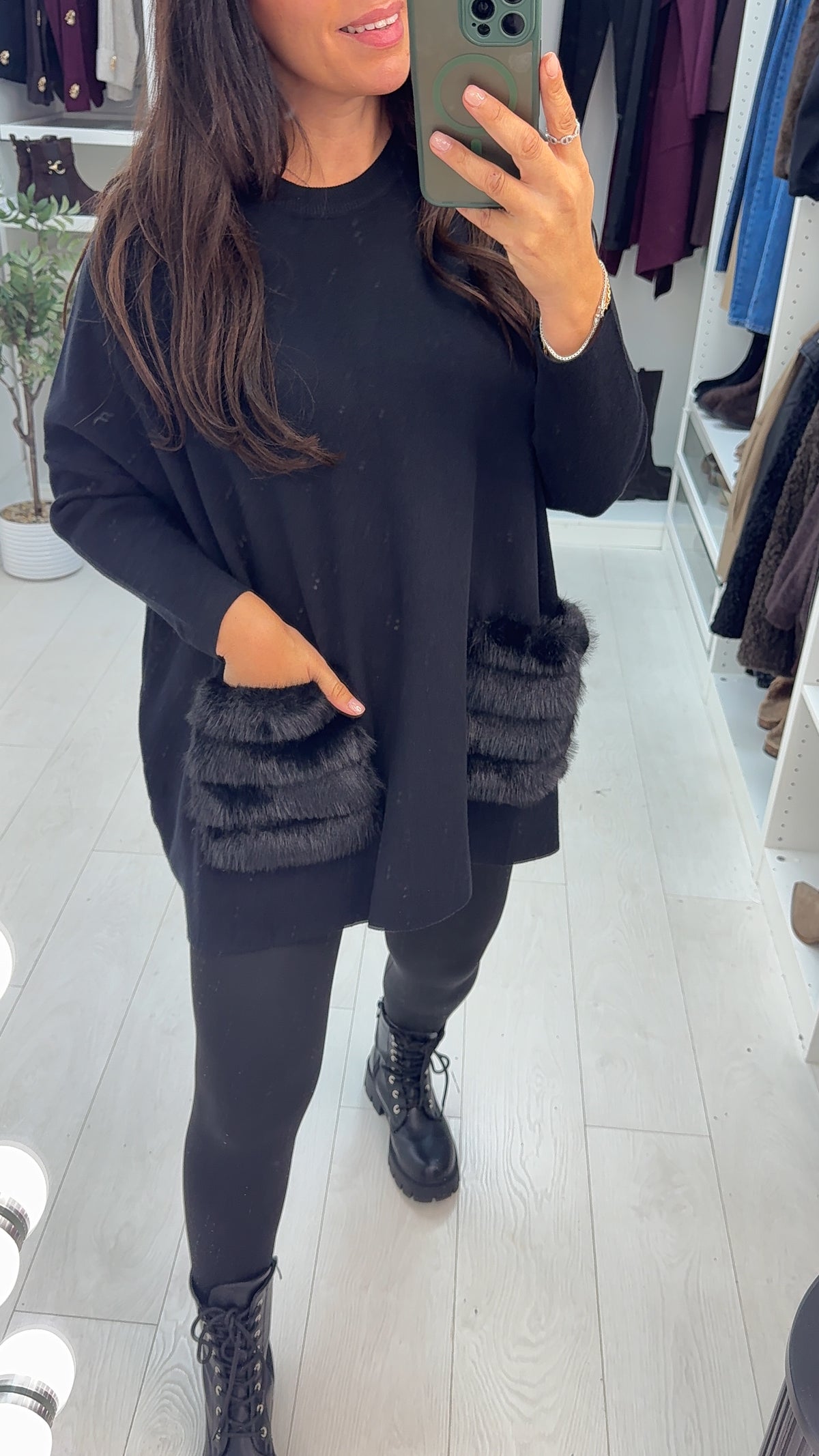 Posy Faux Fur Pocket Detail Loose Fit Jumper