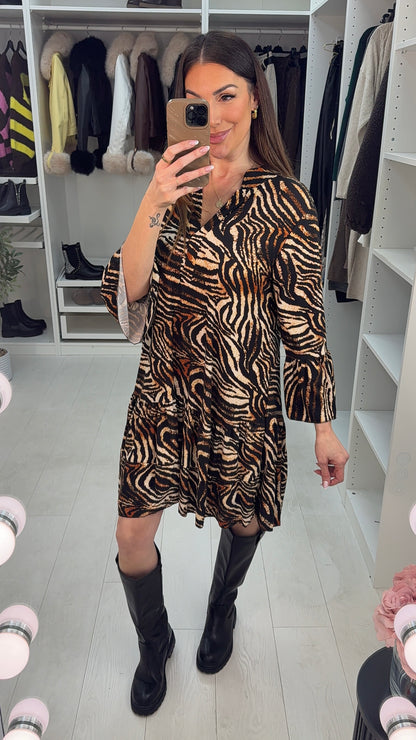 Crushelle Tiger Print V-Neck Smock Dress