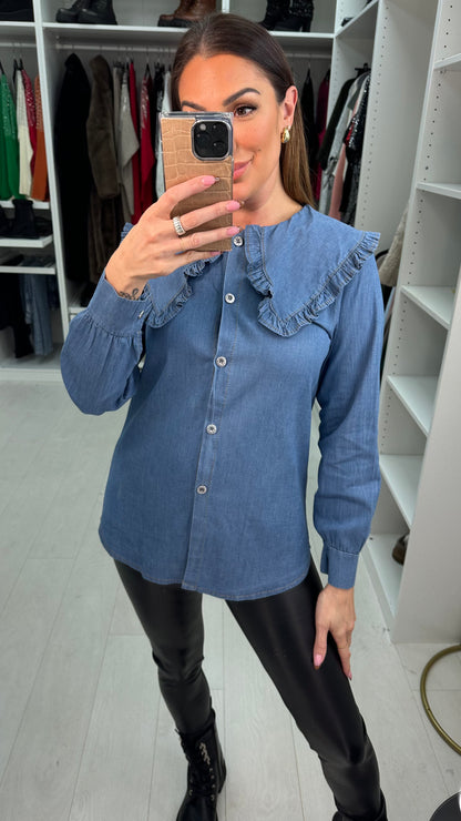 Cherry Frill Oversized Collar Detailed Denim Shirt