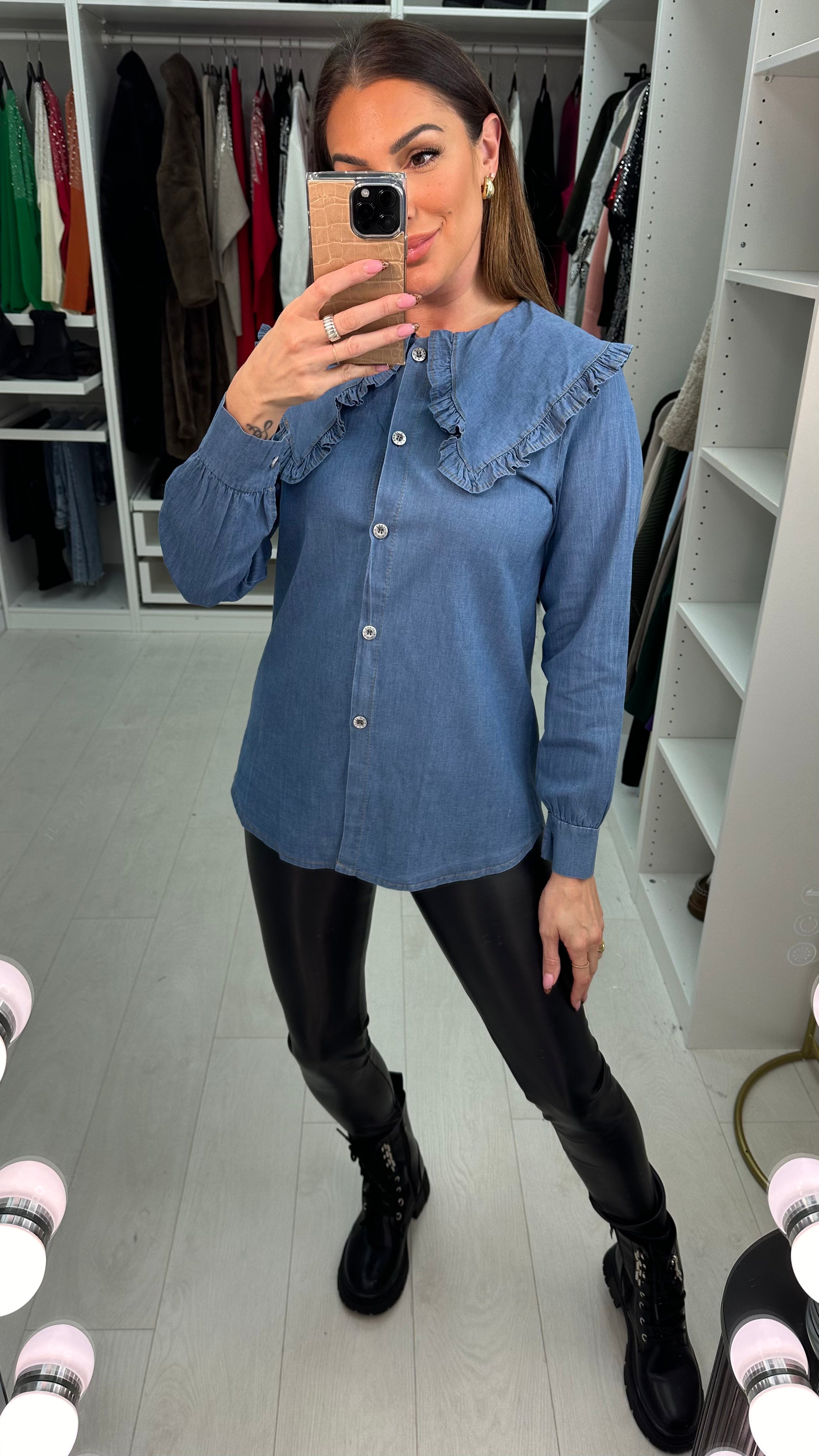 Cherry Frill Oversized Collar Detailed Denim Shirt