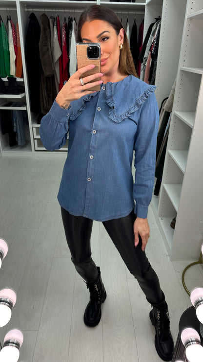 Cherry Frill Oversized Collar Detailed Denim Shirt