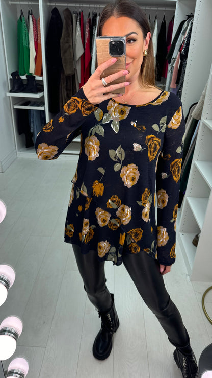 Agnes Navy Floral Print Asymmetric Thin Knit