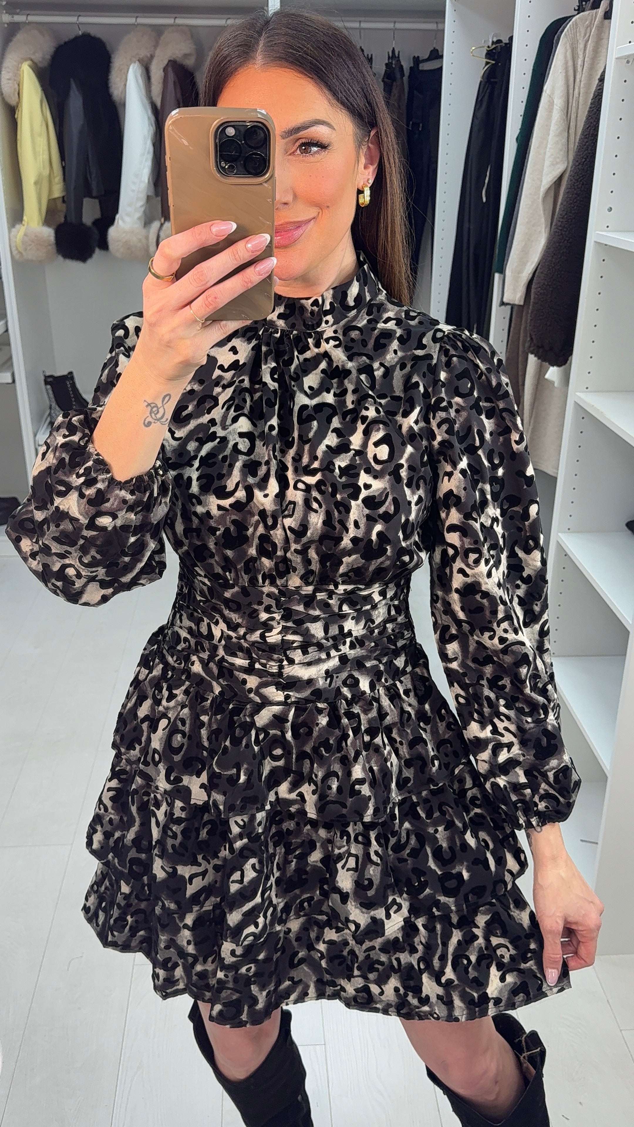 Tracie Leopard Print Shirred Waist Mini Dress