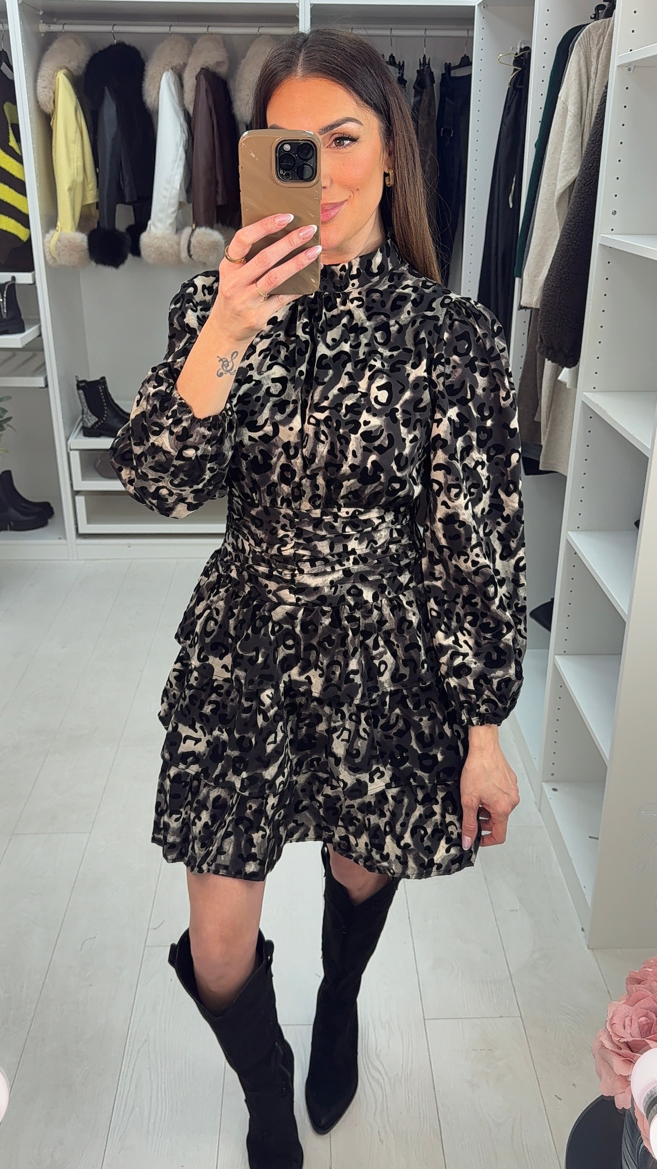 Tracie Leopard Print Shirred Waist Mini Dress