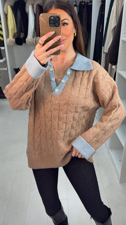 Quince Cable Knit Detailed V Neck Collar Jumper