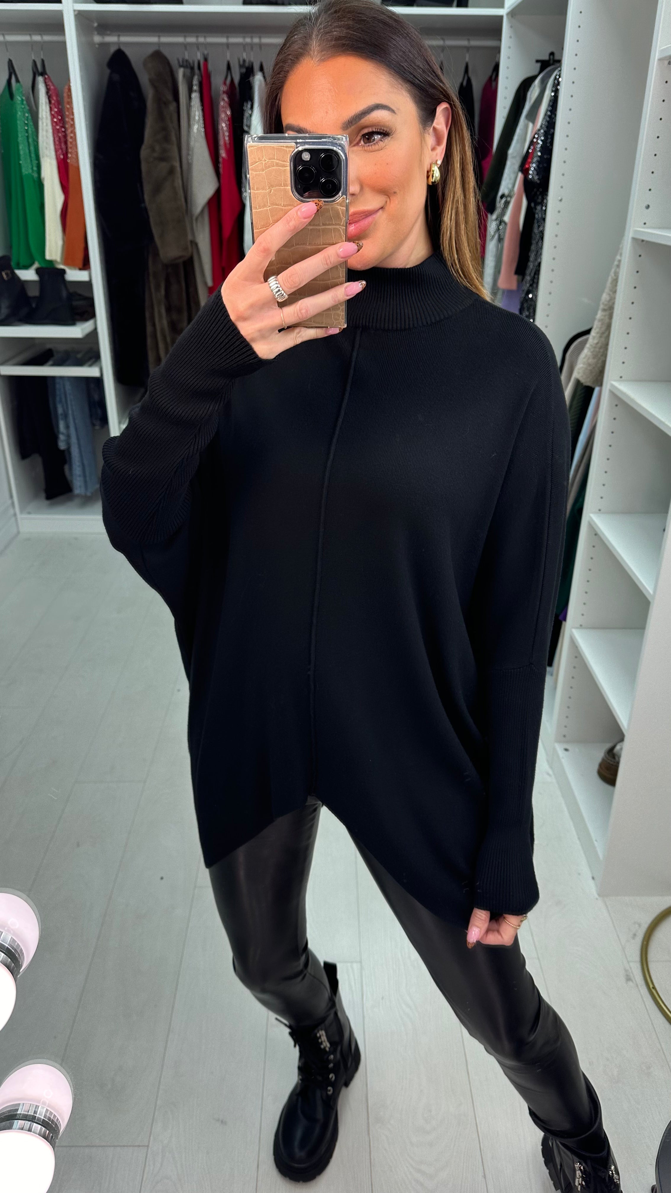 Danya Oversized Ribbed High Neck Dipped Hem Knit Jumper