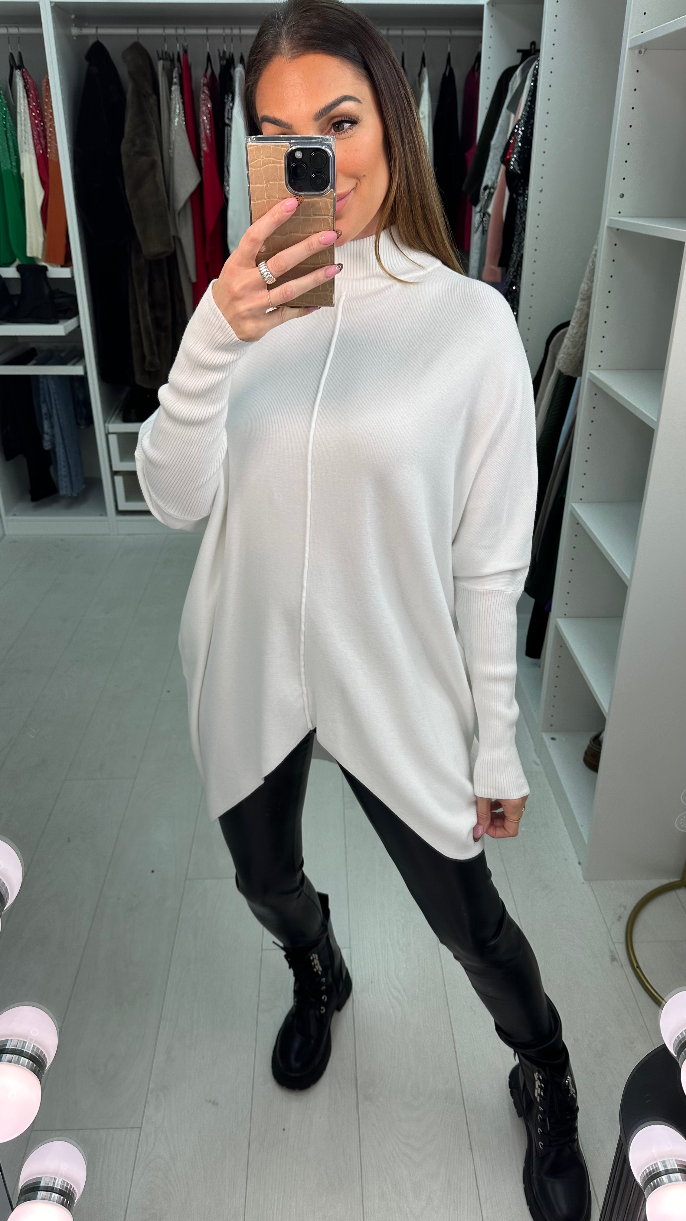 Danya Oversized Ribbed High Neck Dipped Hem Knit Jumper