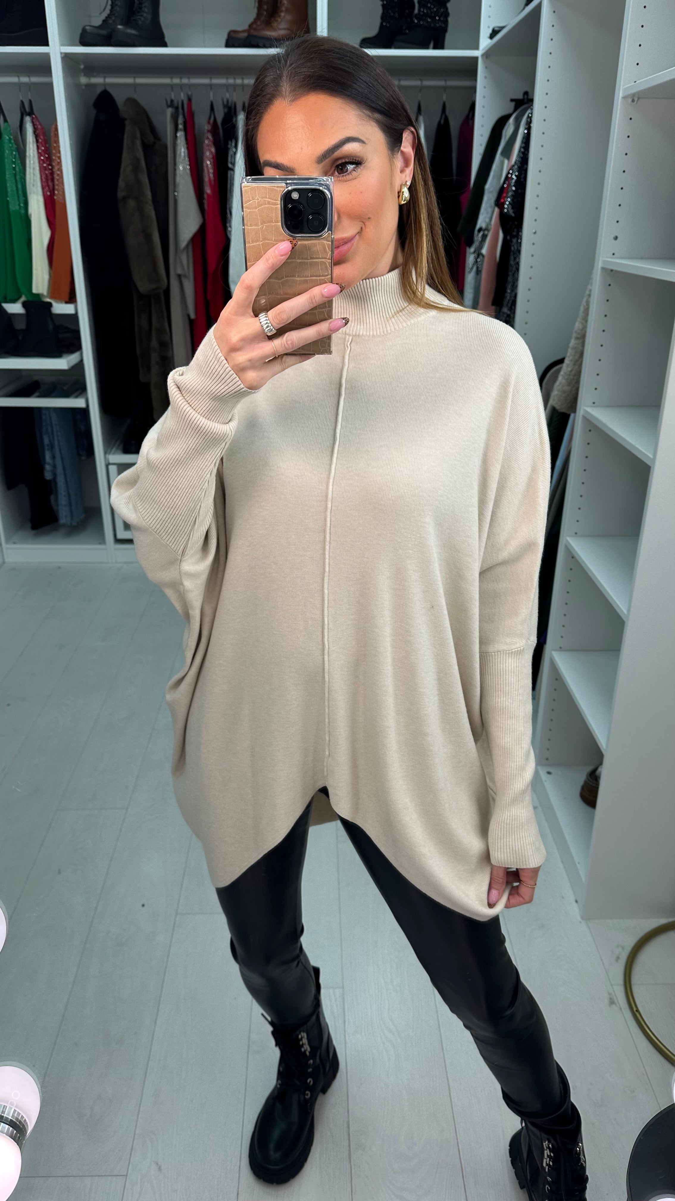 Danya Oversized Ribbed High Neck Dipped Hem Knit Jumper