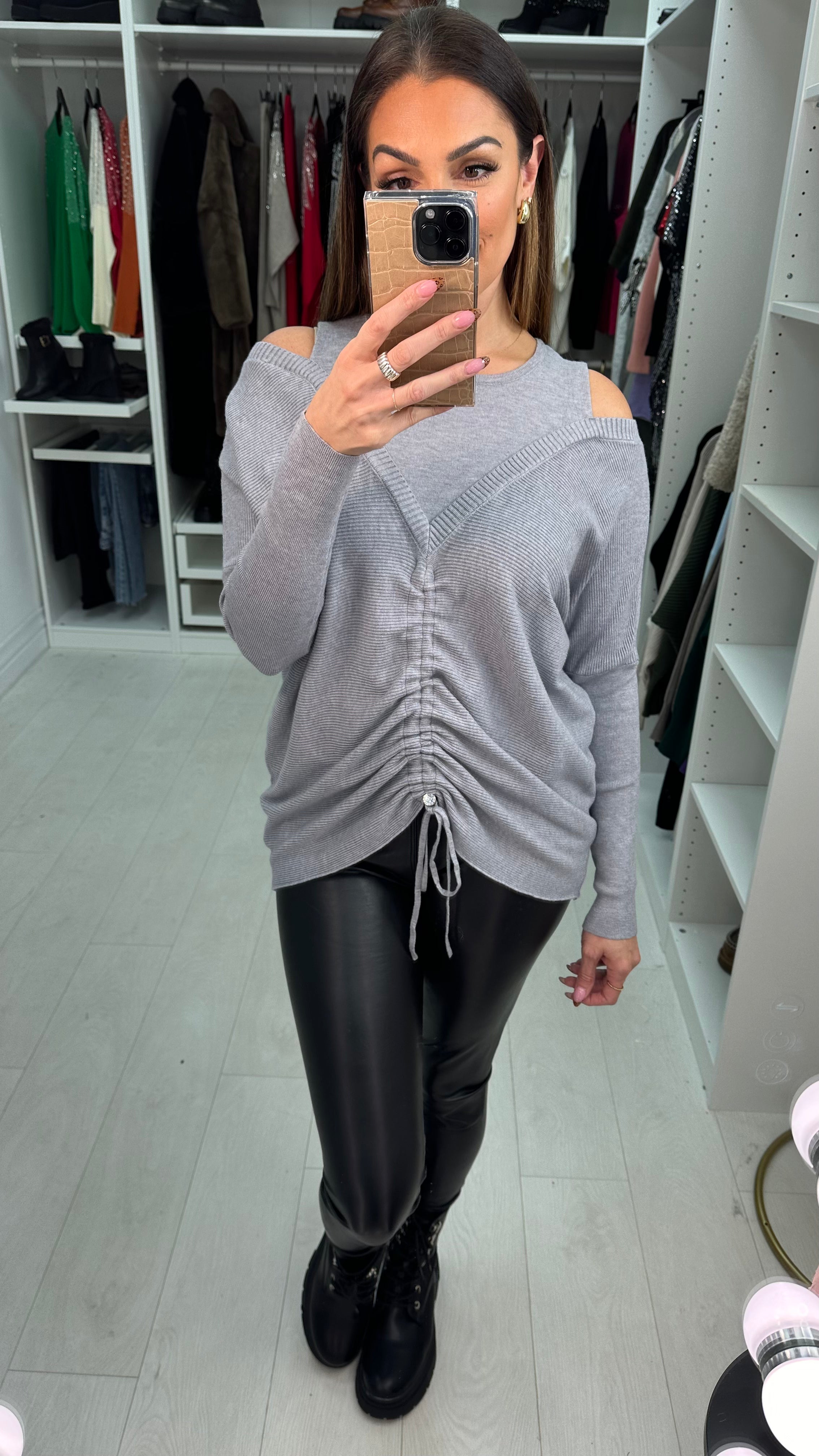 Ayva Cold Shoulder Rouched Front Detailed Knitted Jumper