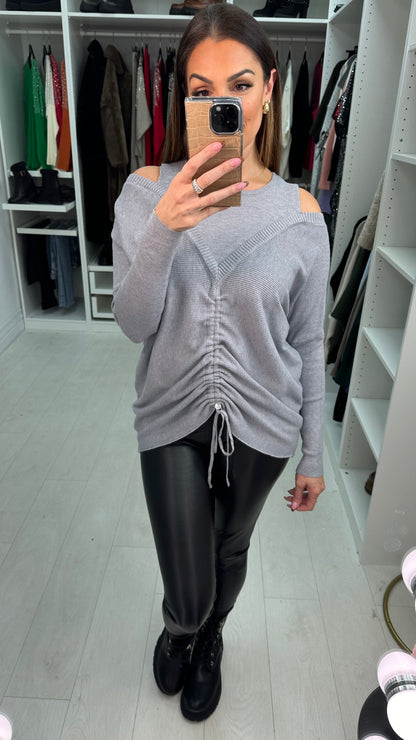 Ayva Cold Shoulder Rouched Front Detailed Knitted Jumper