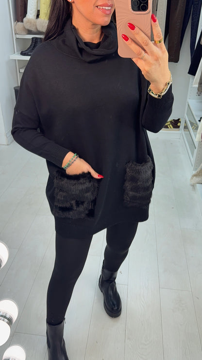 Riviera Faux Fur Pockets Detail Loose Fit Jumper