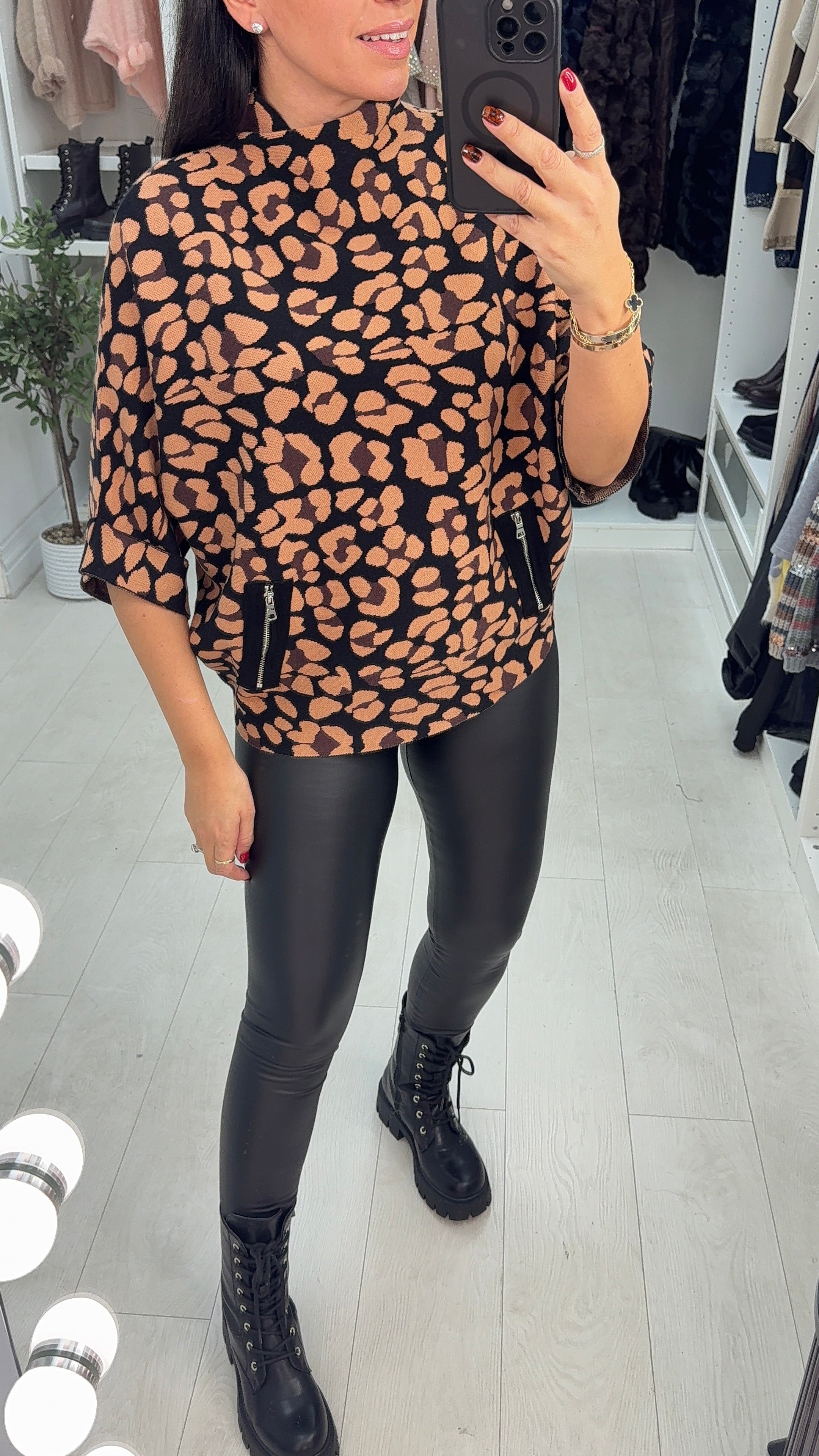 Danielle Leopard Print High Neck Jumper