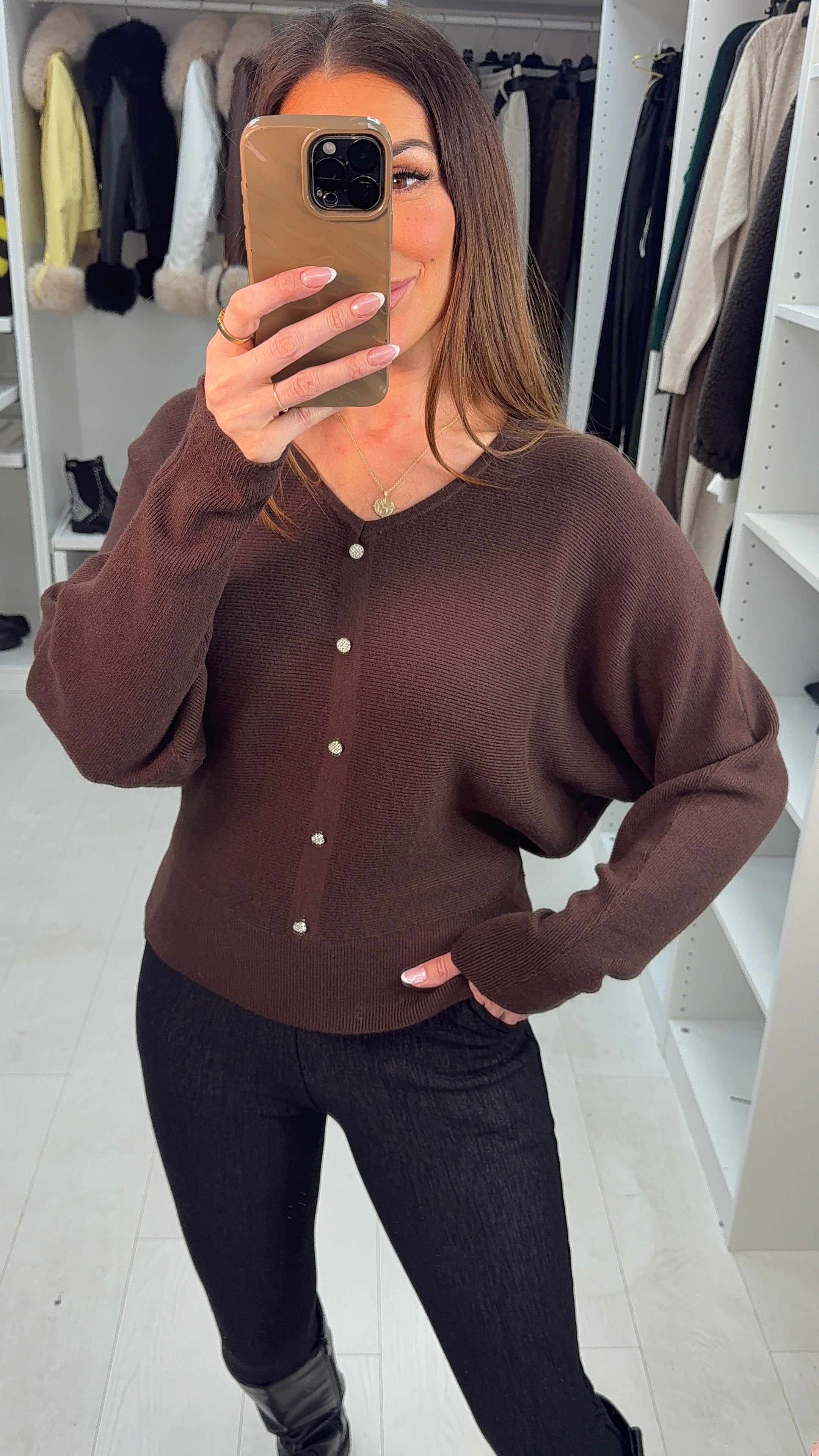 Filiz Ribbed Embellished Button Jumper