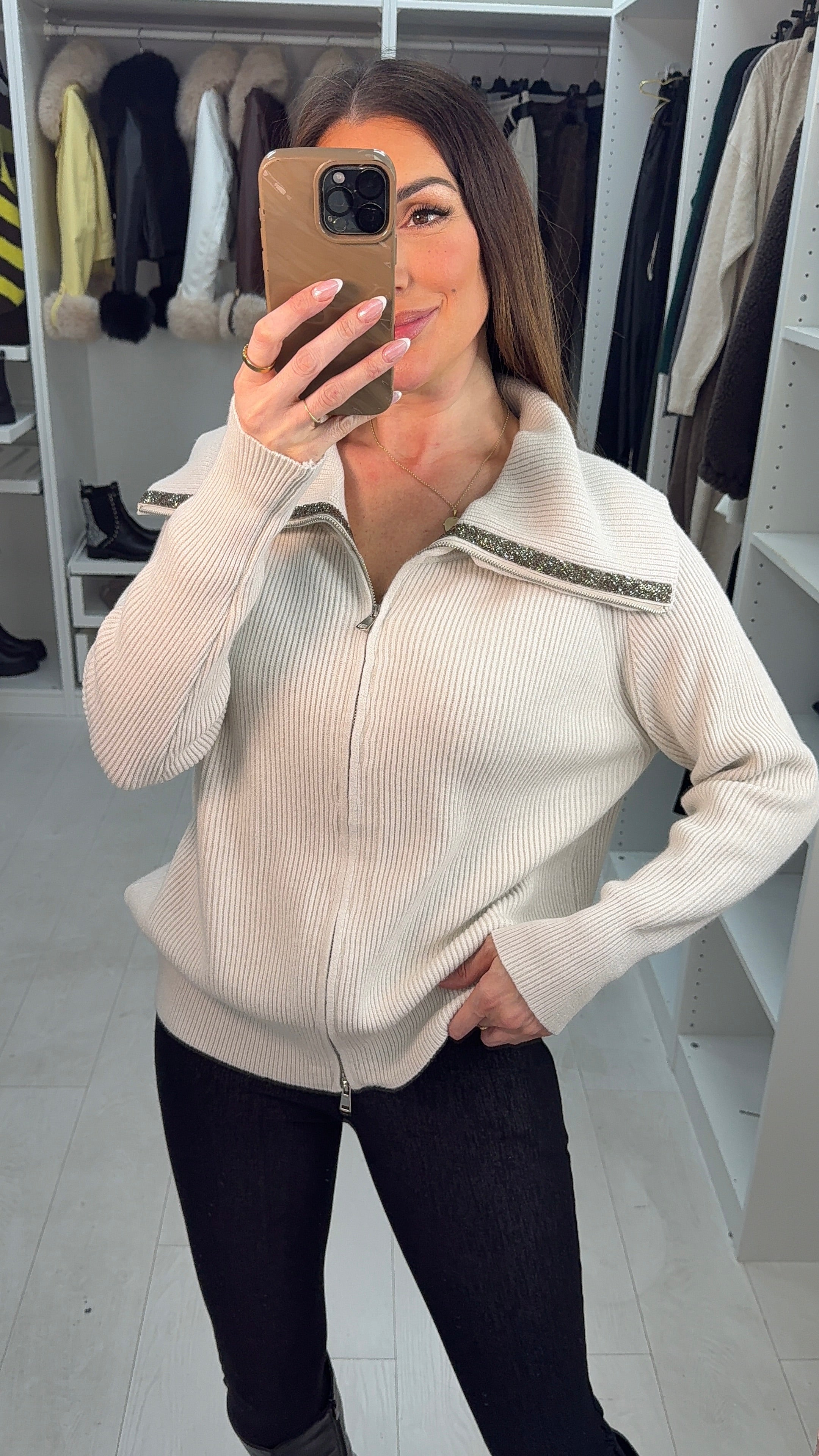 Dylan Embellished Collar Detail Zip Cardigan