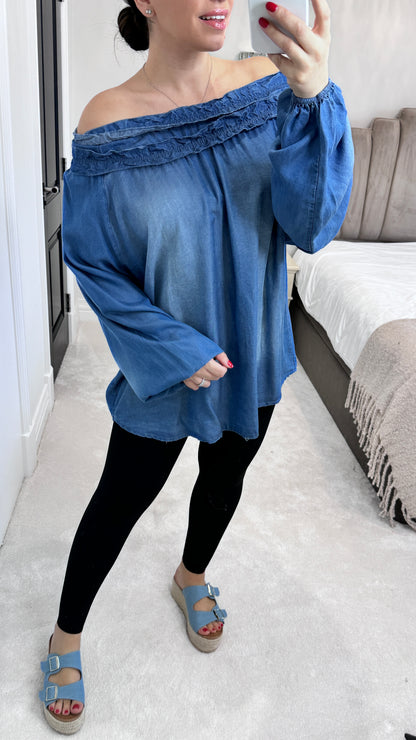 Harley Denim Ruched Bardot Top