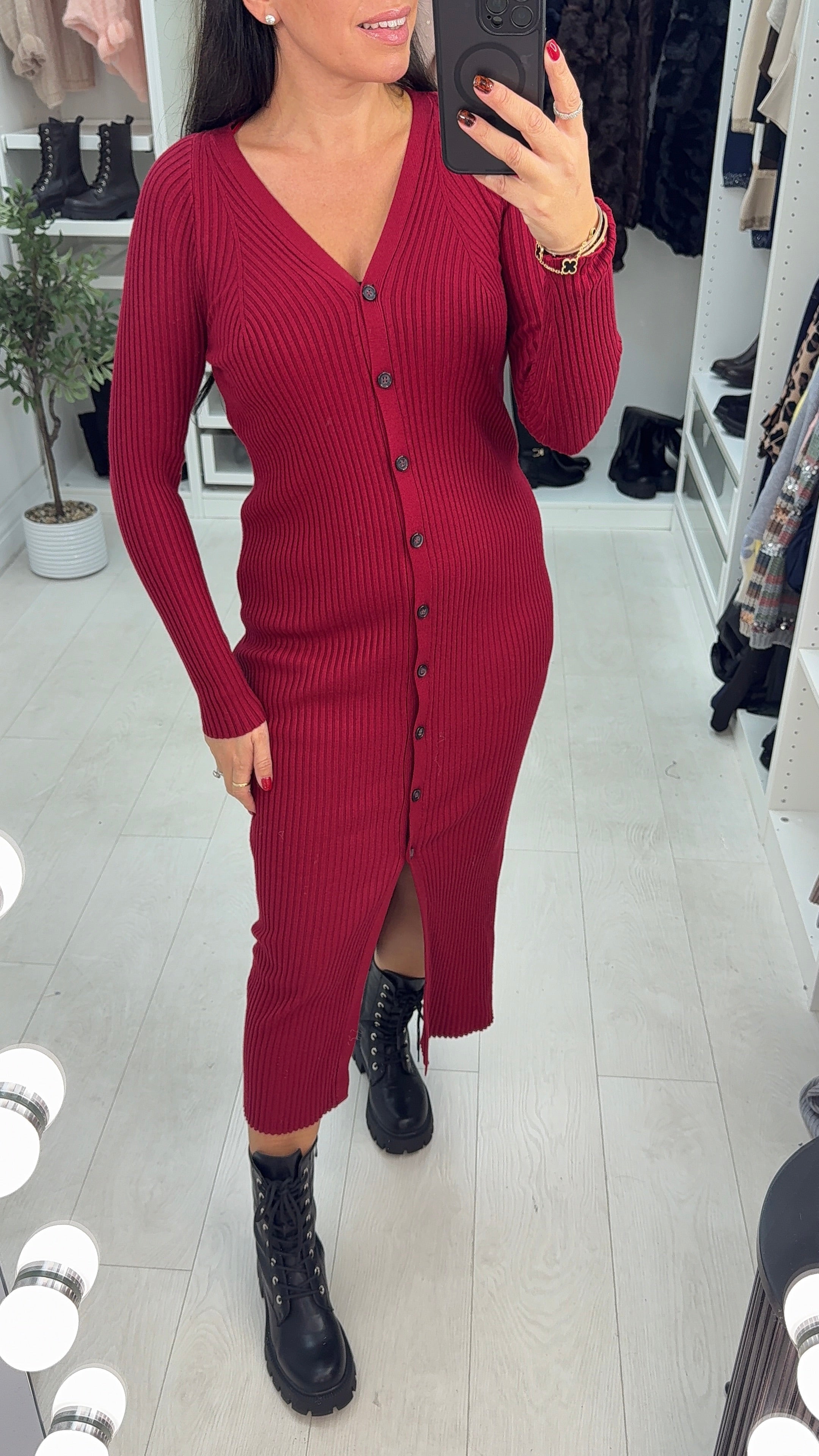 Jolena Plain Ribbed Button Front Jumper Dress