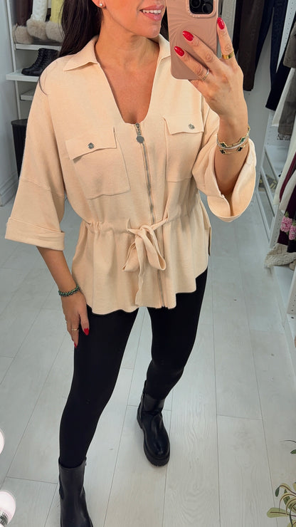 Rita Plain Zip Front Tie Waist Jumper