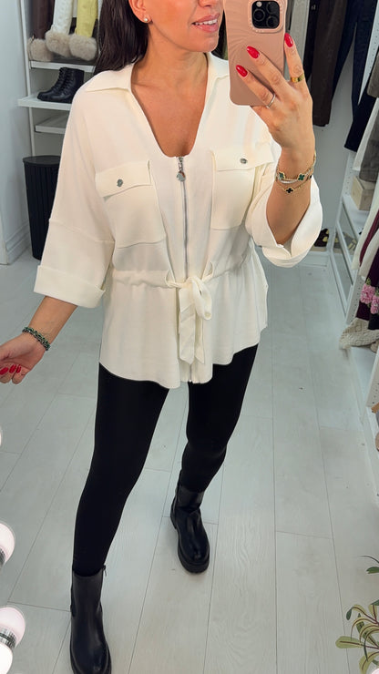 Rita Plain Zip Front Tie Waist Jumper