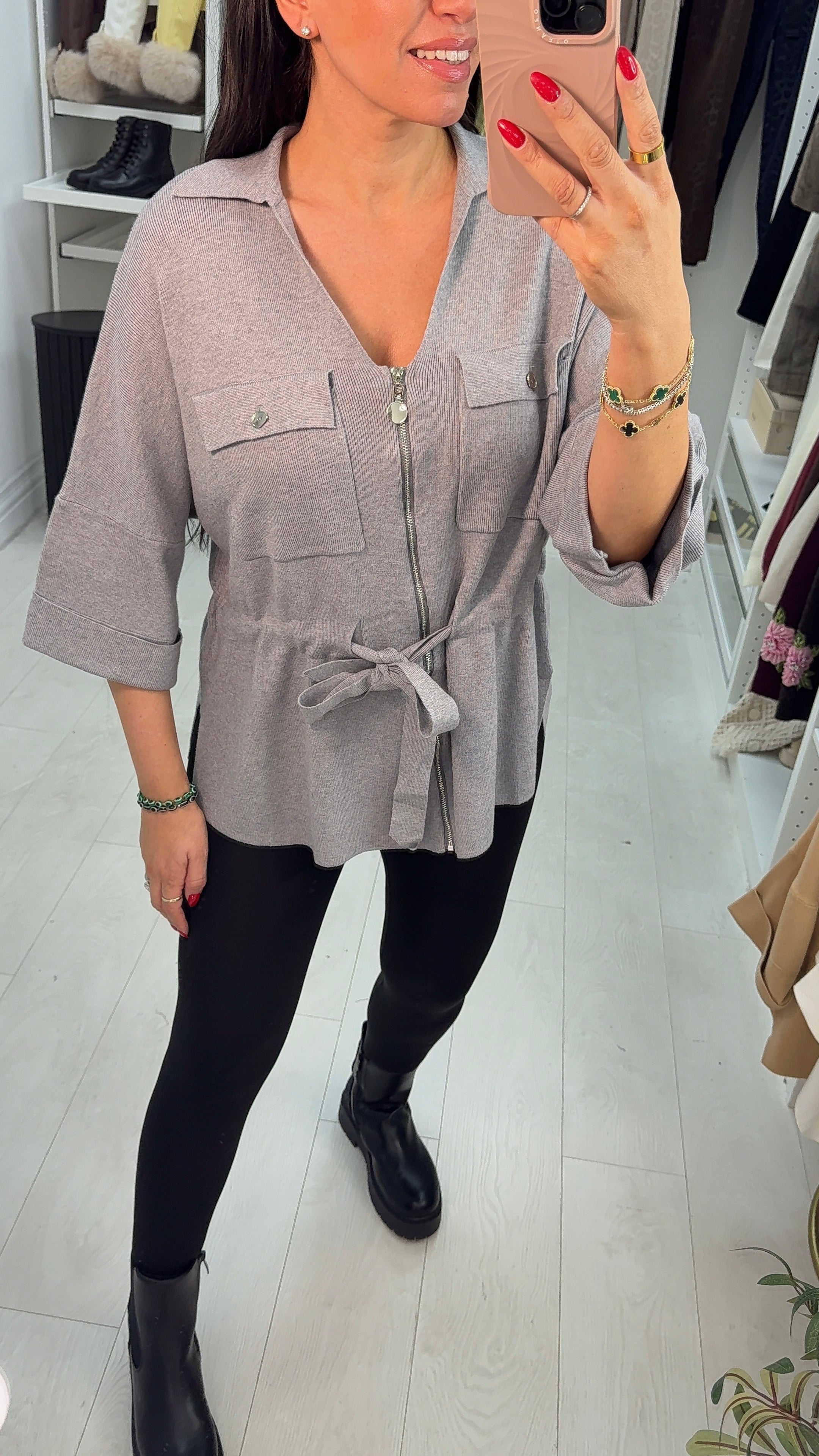 Rita Plain Zip Front Tie Waist Jumper