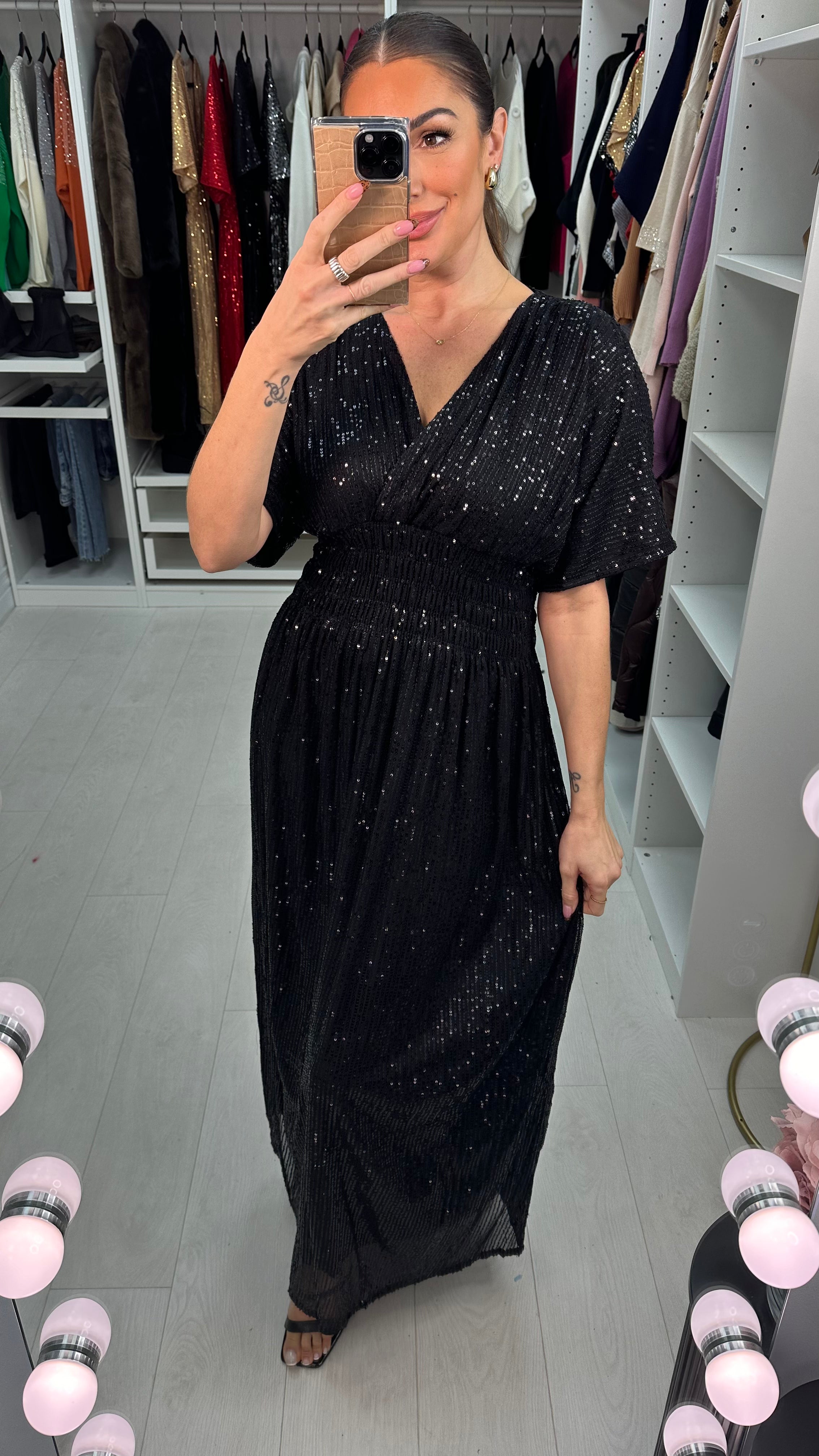 Liberty Sequin Shirred Waist Maxi Dress