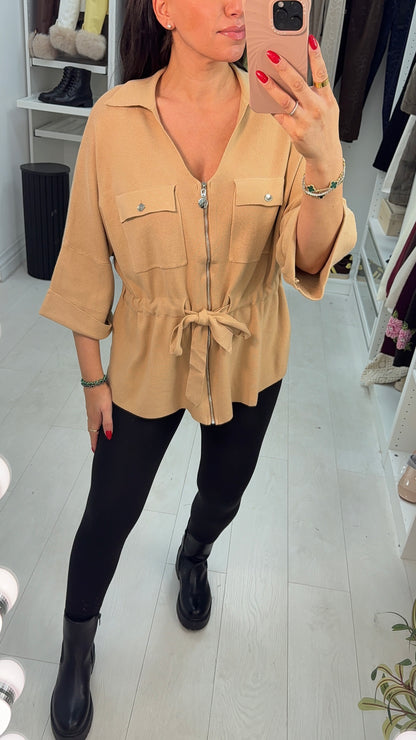 Rita Plain Zip Front Tie Waist Jumper