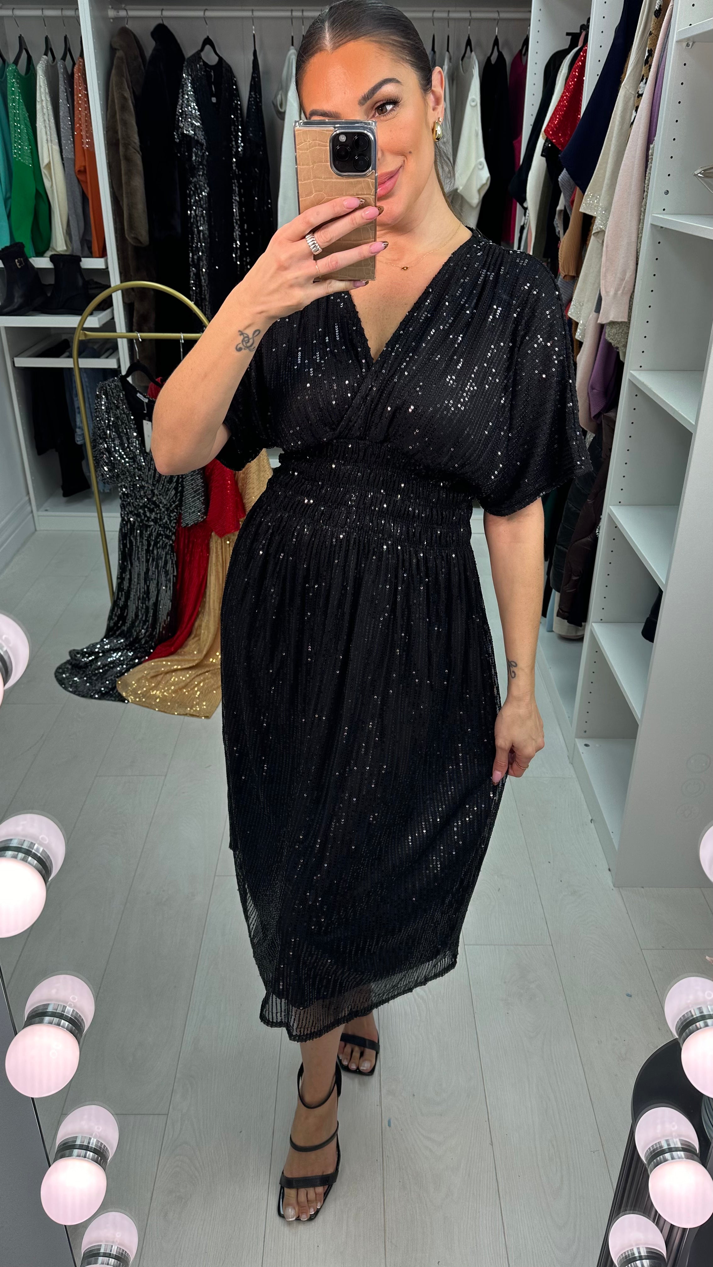 Tasmin Sequin Shirred Waist Midi Dress