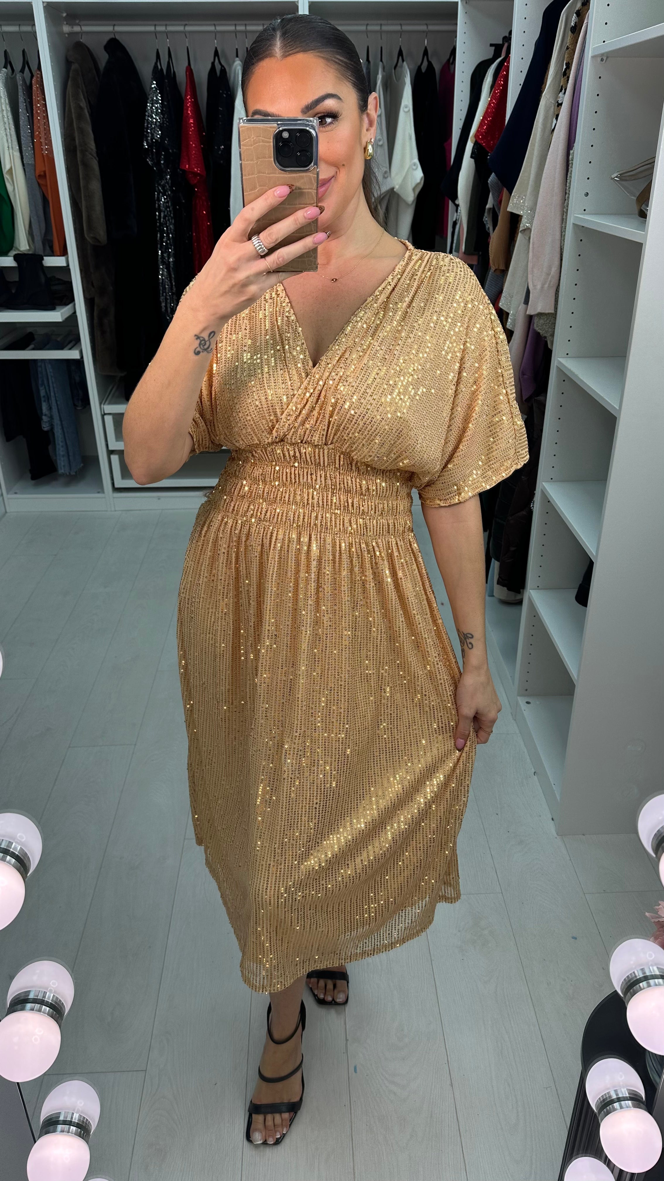 Tasmin Sequin Shirred Waist Midi Dress