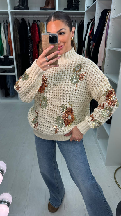 Taffi Chunky Sequin Detail High Neck Jumper