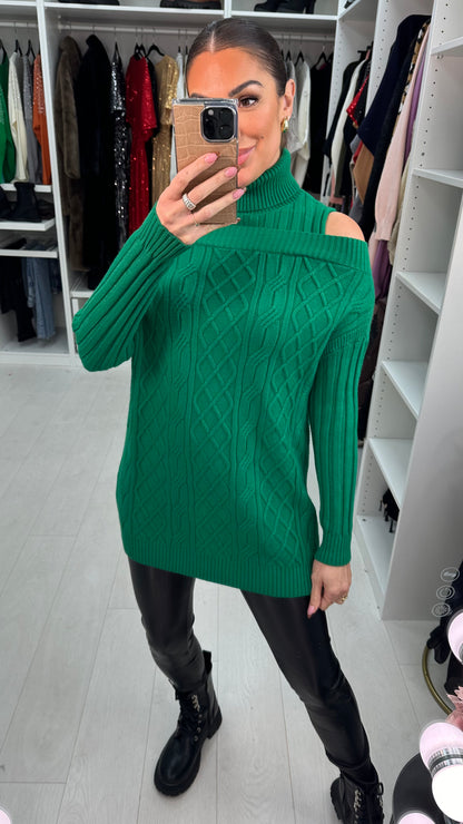 Dilara Cold Shoulder Roll Neck Cable Knit Jumper