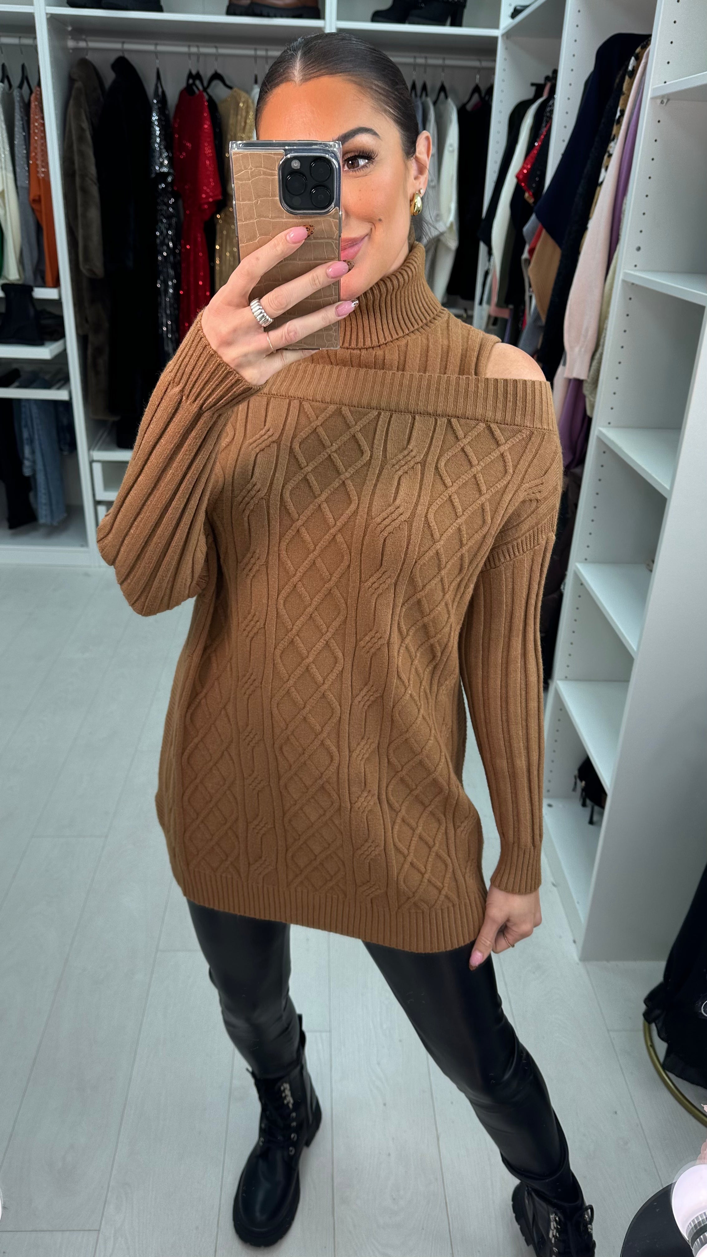 Dilara Cold Shoulder Roll Neck Cable Knit Jumper
