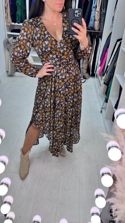 Harvest Leaf Print Sheer Sleeve Floaty Dress